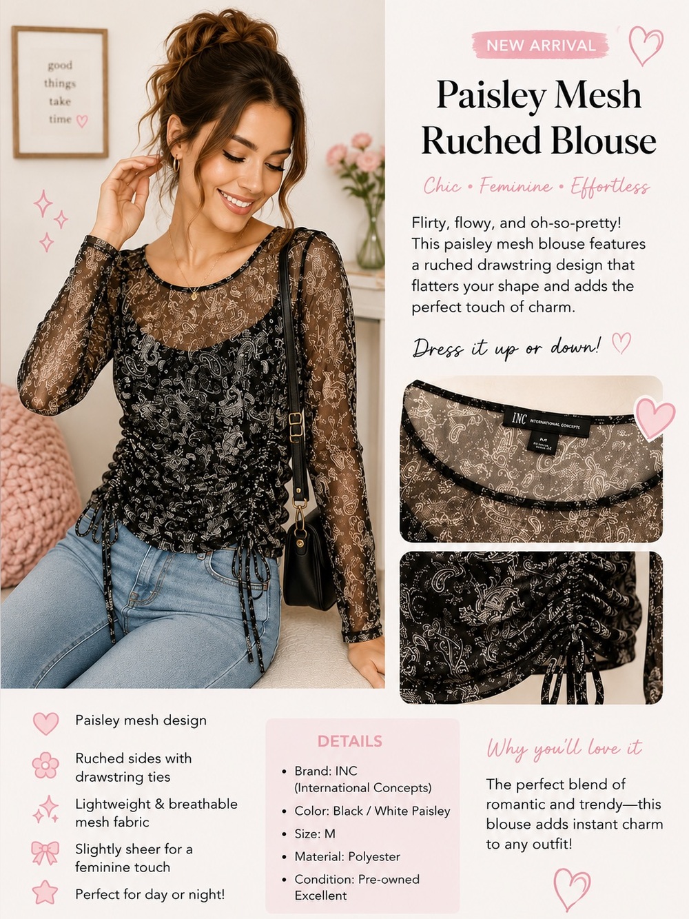 INC International Concepts Black & White Paisley Mesh Ruched Blouse